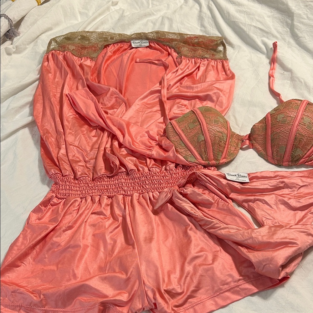 Beach Bunny Coral Lace-Trim Swim Romper and Bikini Set